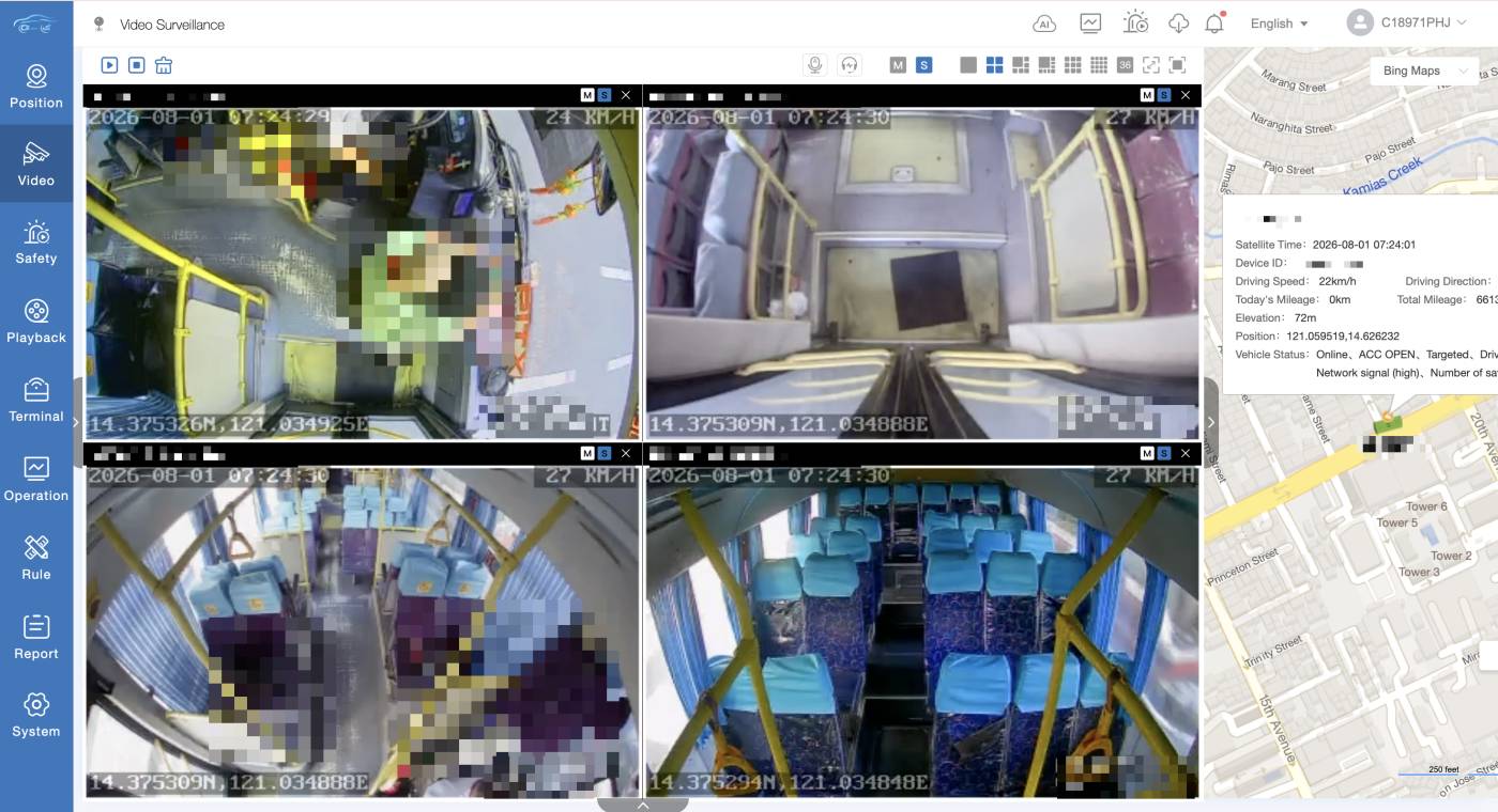 InfraLinx desktop dispatch dashboard showing four live onboard camera channels from one bus — APC front and back door feeds and two cabin views with timestamps and speed — beside a live map with the vehicle's position, satellite time, speed, mileage, elevation and status. Faces and vehicle identifiers are pixelated for privacy.