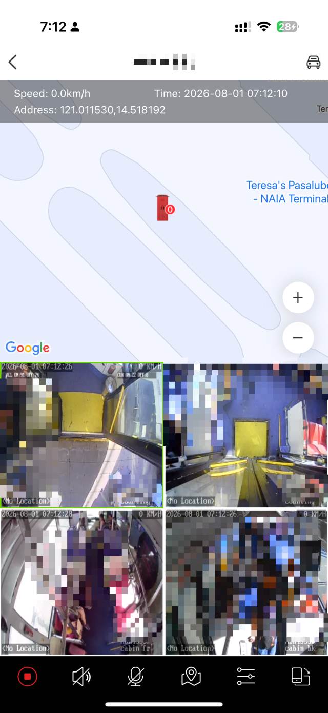 InfraLinx mobile app showing live map position of a deployed unit and four onboard camera feeds with passenger counting overlays. Passenger faces are pixelated for privacy.